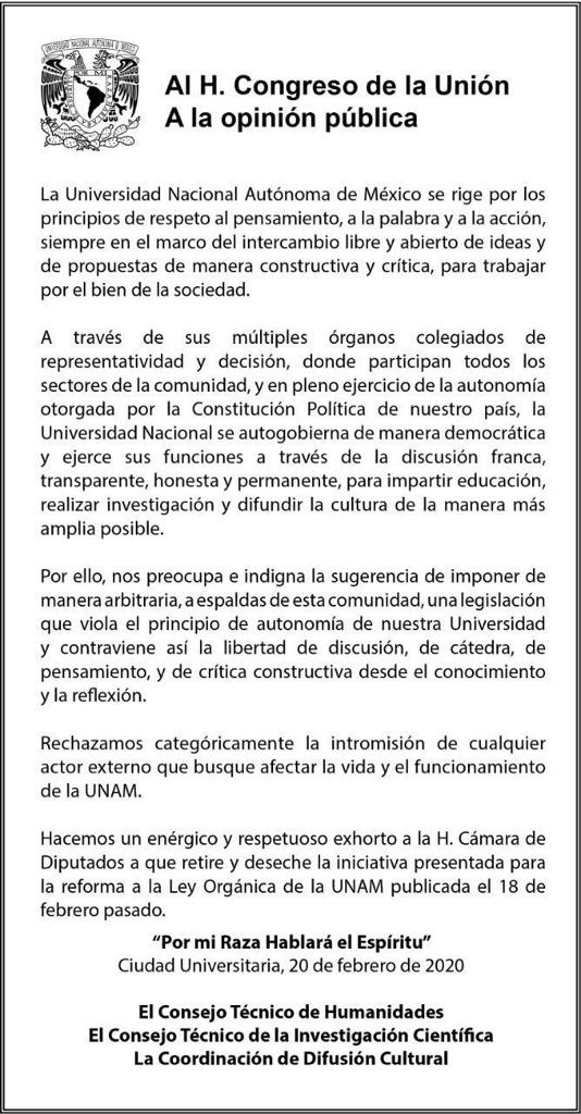 Comunicado UNAM: Al H. Congreso de la Unión, A la opinión pública.