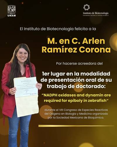 La Sociedad Mexicana de Bioqumica, premia a la M. en C. Arlen Ramrez Corona, por obtener el primer lugar en la presentacin oral de su trabajo de doctorado.